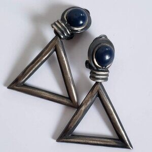 Vintage 80s ITALY Navy Blue Gunmetal Clip On Earrings geometric Triangle Large